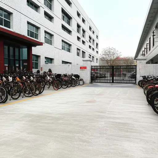 我的自行车停在学校外面。