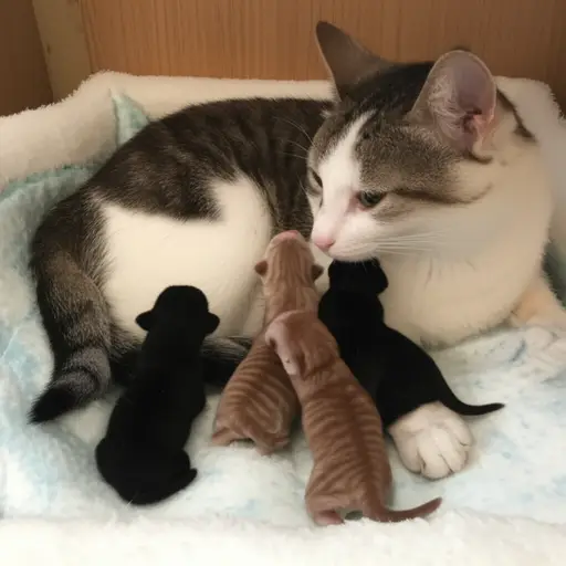 我们家的猫生了四只健康的小猫。