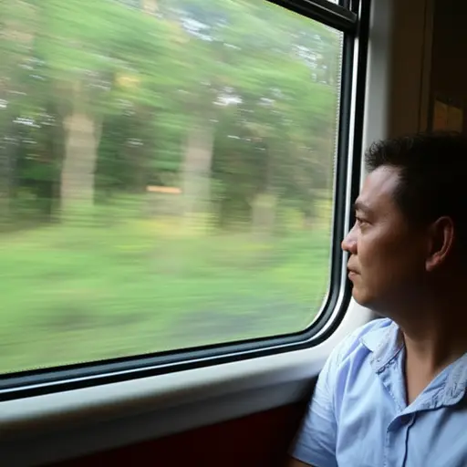火车乘客在旅途中望着窗外。