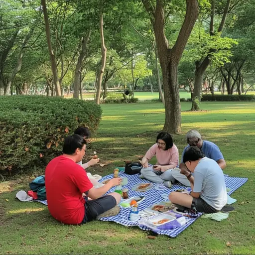 我们在公园的一个僻静角落里野餐。