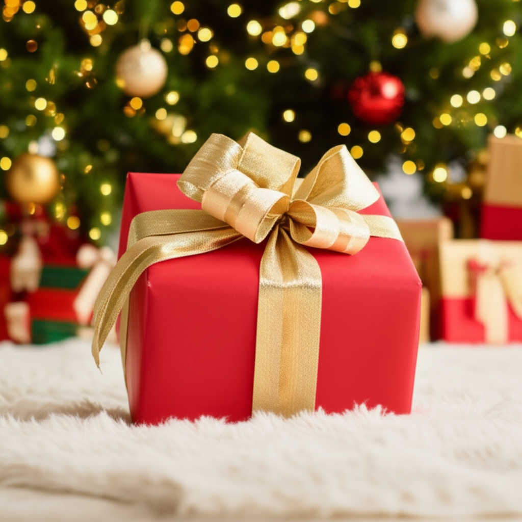 圣诞树下放着一个红色的礼物盒。