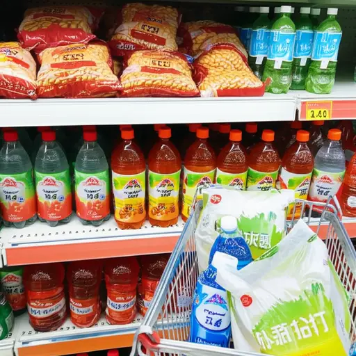 我在超市买了些花生和苏打水。