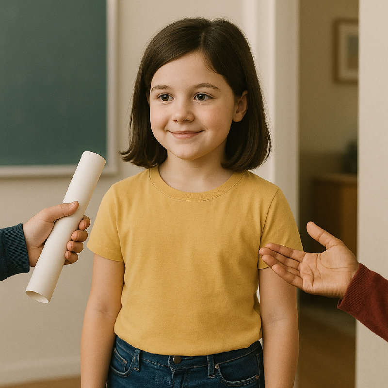 这个孩子在学校说英语，但在家里用母语交流。