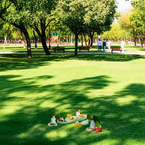 白天公园里挤满了家庭和游客。