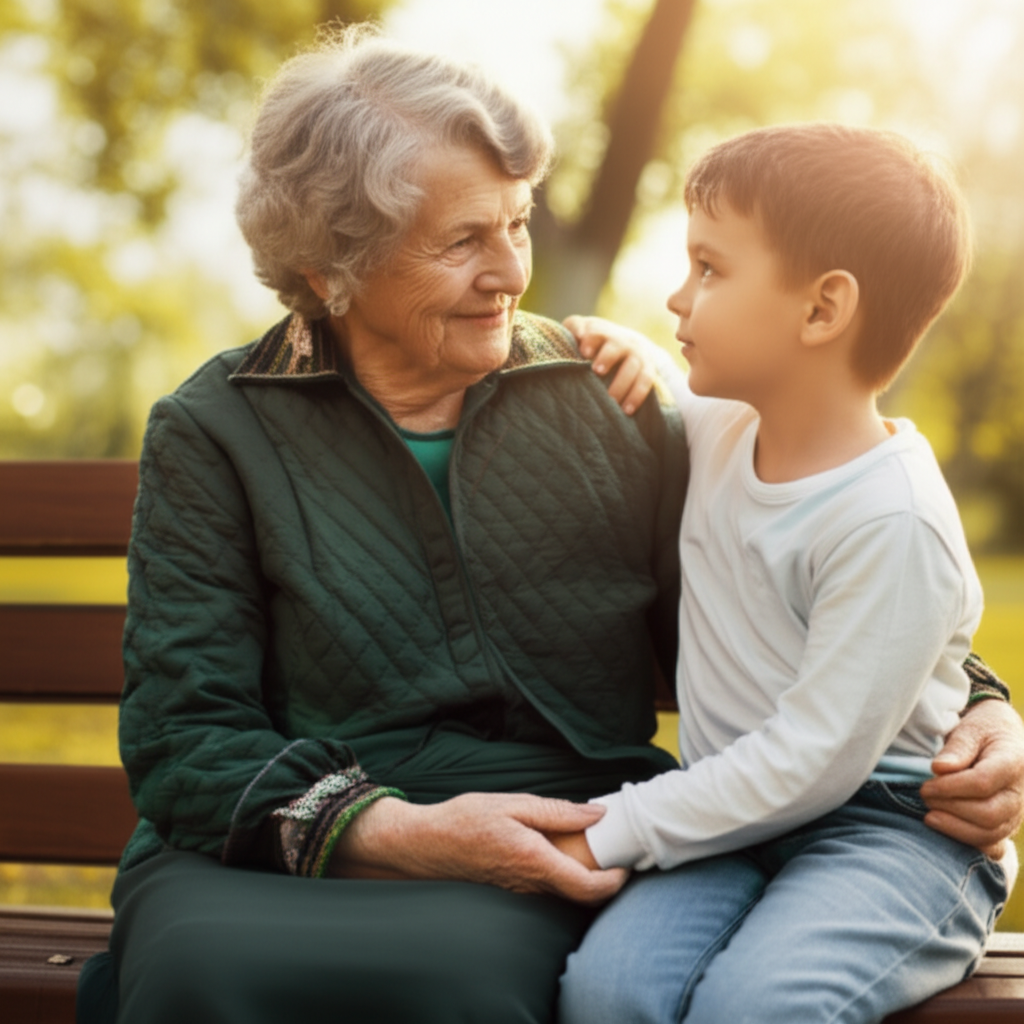奶奶正温柔地看着小孙子。
