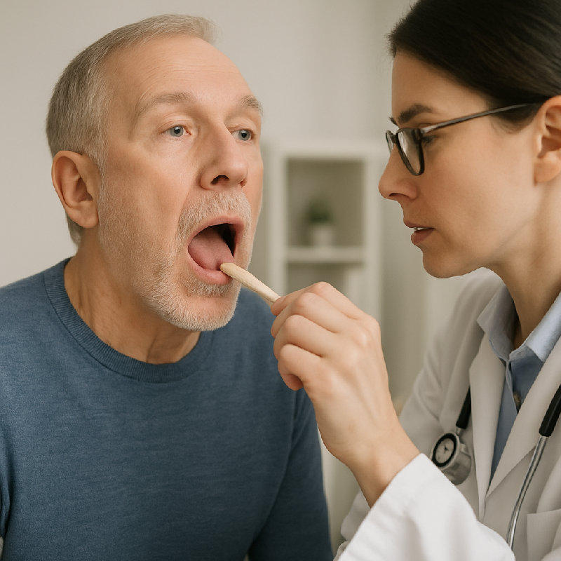 医生让他说“啊”，以便检查他的声带。