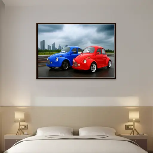 我的卧室里有一幅卡车和摩托车的图画。