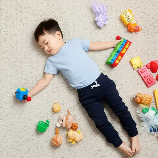 孩子玩玩具时睡着了。