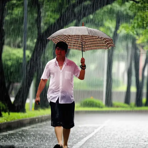 他忘了带伞。结果，他被淋得很湿。