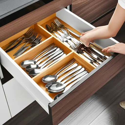 她把餐具整齐地放在厨房的抽屉里。