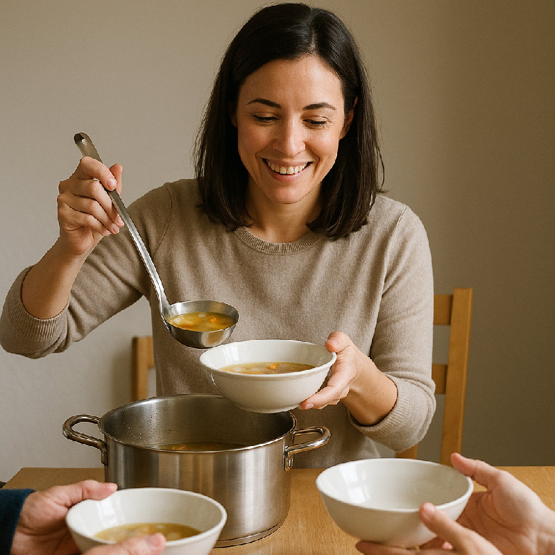 她正在给大家盛汤。