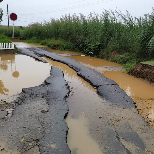 暴风雨后的洪水损坏了许多道路。