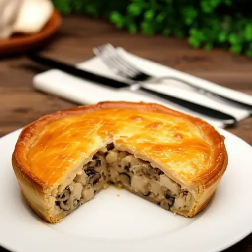 我们晚餐吃了美味的鸡肉蘑菇派。