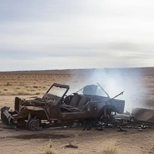 他开车压到了一颗地雷，他的吉普车被炸毁了。