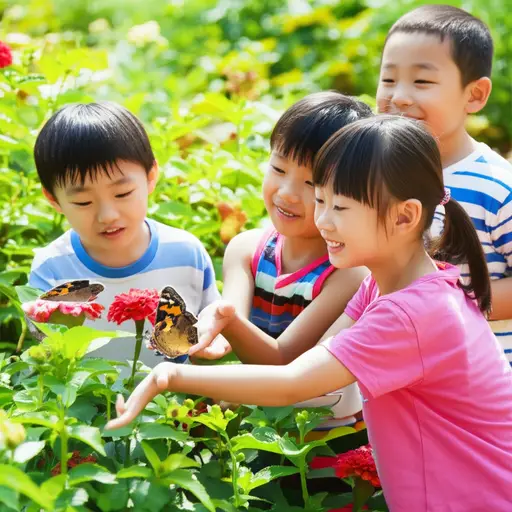 孩子们试图在花园里捉住那只蝴蝶。