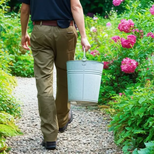 他提了一桶水去花园。