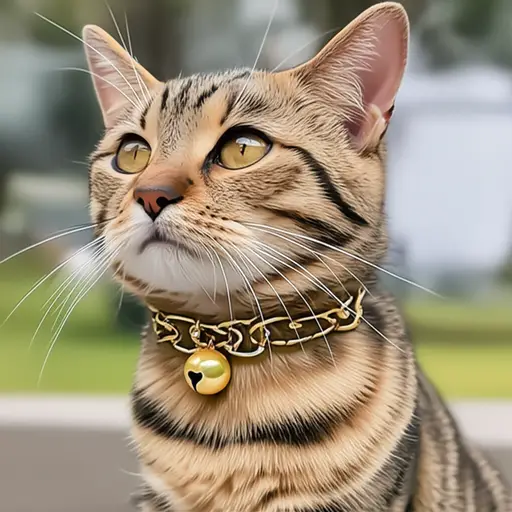 猫咪戴着一条带小铃铛的项链。