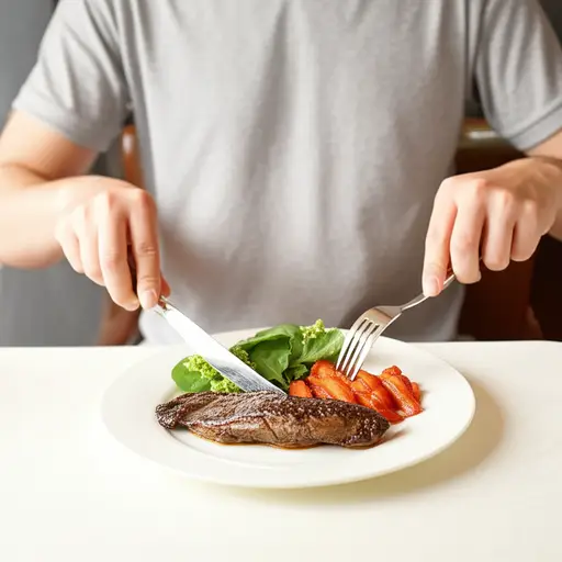 他用一副刀叉吃饭。