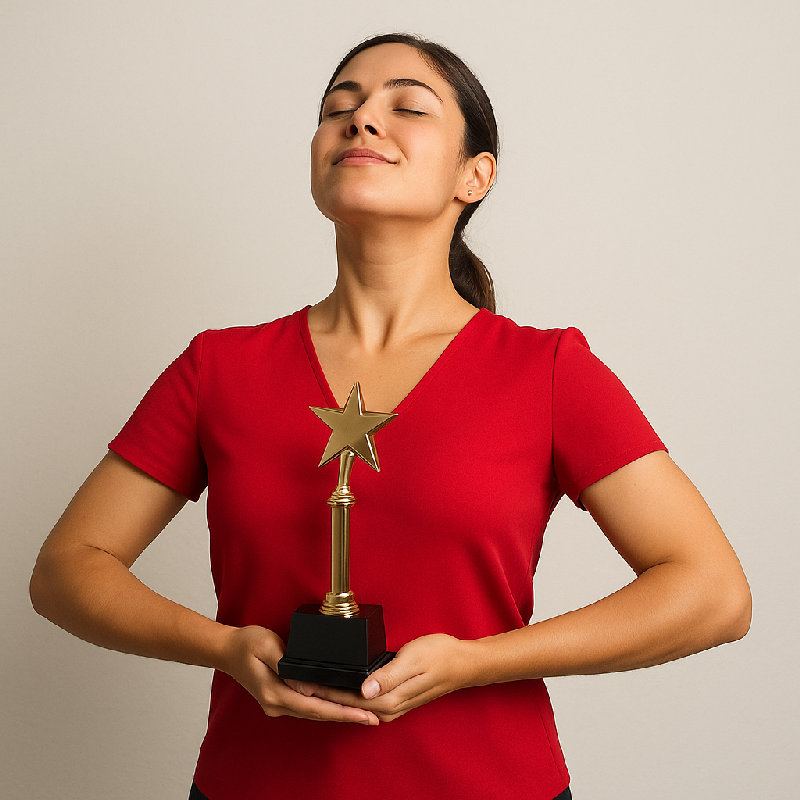 她在领奖后自豪地挺起胸膛。