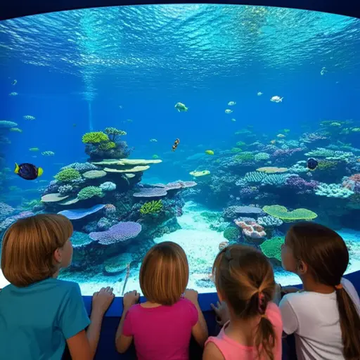 孩子们被水族馆里五颜六色的海洋生物迷住了。