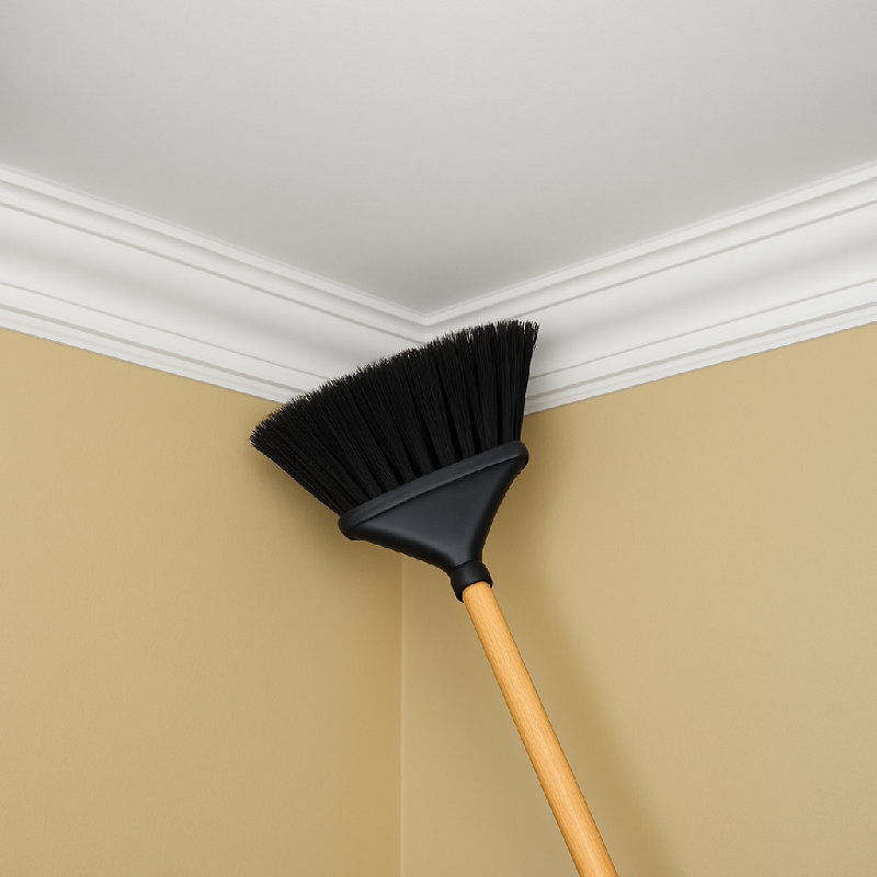 她拿着长柄扫帚打扫天花板。