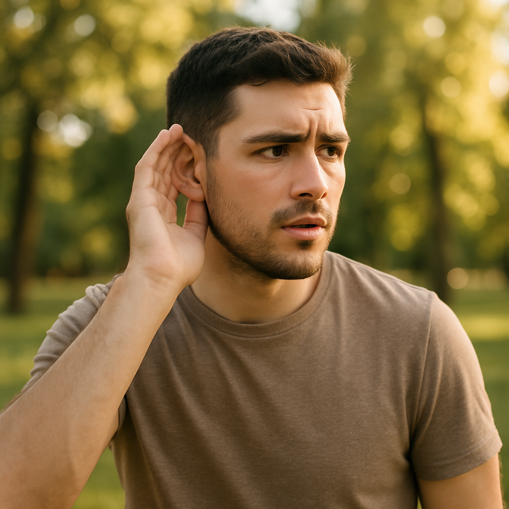 他正把手拢在耳朵上，好让自己听得更清楚。