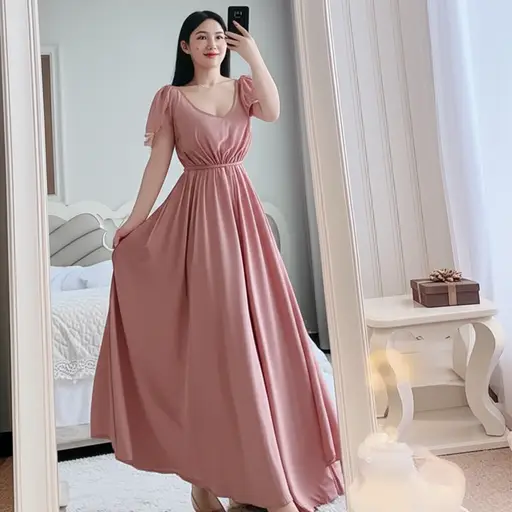 我妈妈给我买了一条漂亮的长连衣裙去参加派对。