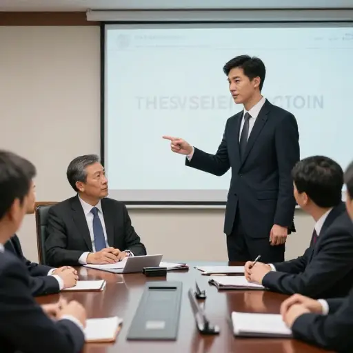 在演示过程中，他巧妙地引起了主席的注意，以表示同意。