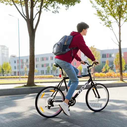 我每天骑自行车上学。