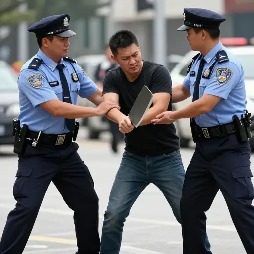 警察迅速制服了那个持刀的男子。