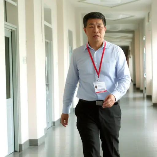 监考员离开房间，沿着走廊走去寻求帮助。