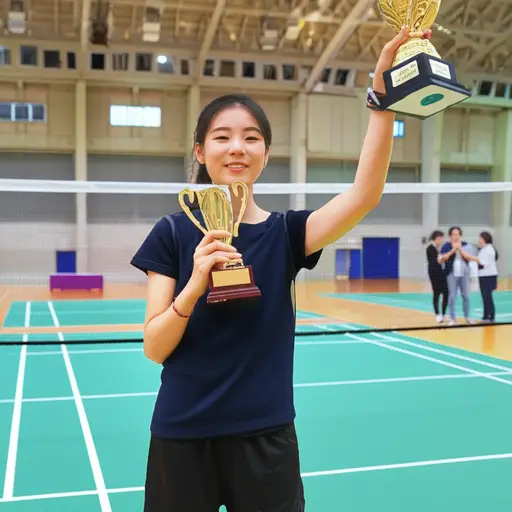 她赢得了学校的羽毛球比赛冠军。