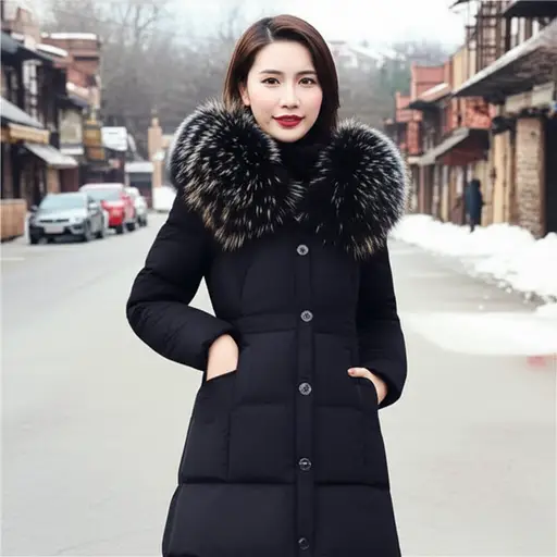 她的冬衣有一个厚厚的毛领。