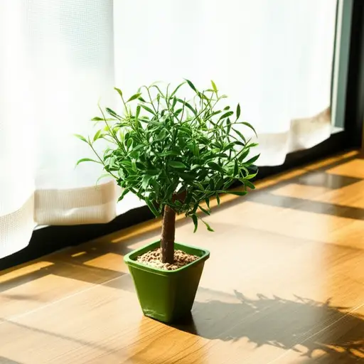 我把小盆栽放在了窗边的地板上。