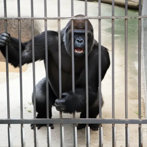 大猩猩摇晃着笼子的栏杆。