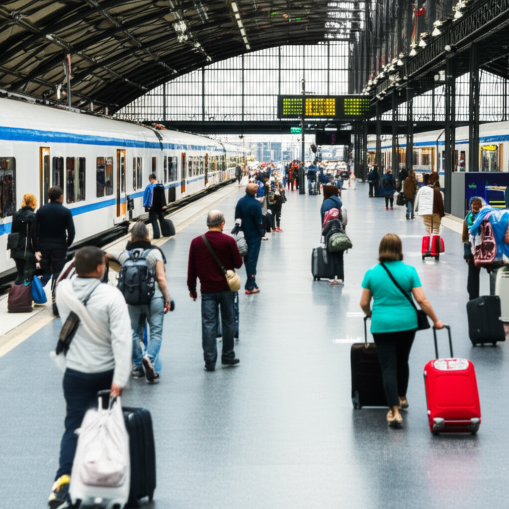 许多旅客拖着行李箱在火车站行走。