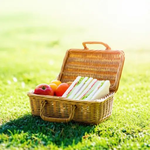 我们把三明治和水果装进篮子里准备野餐。