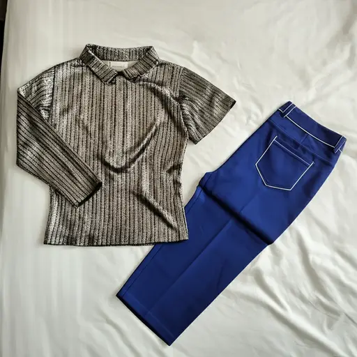 我更喜欢闪亮的上衣和蓝色裤子。