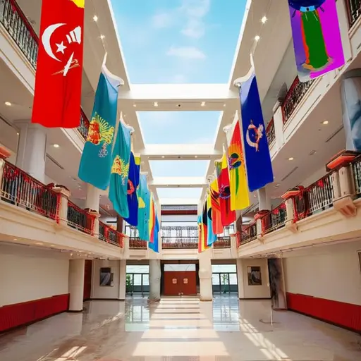 彩旗装饰着大厅。