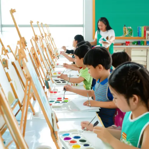 孩子们在美术课上学习绘画技巧。