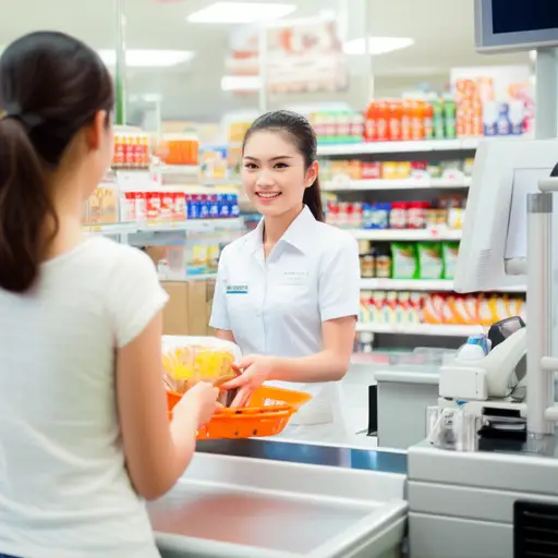 收银员在柜台接受顾客的点单。