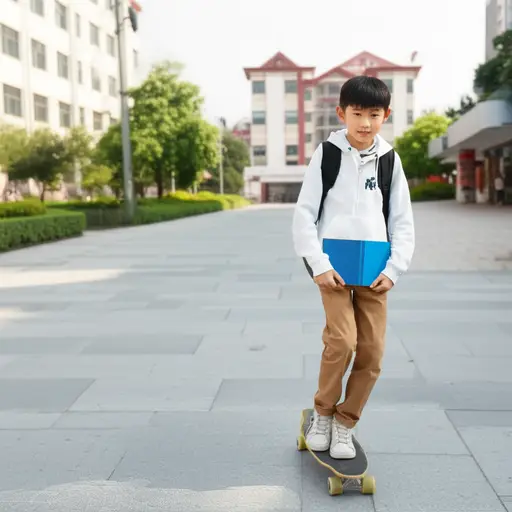 他每天滑滑板去上学。