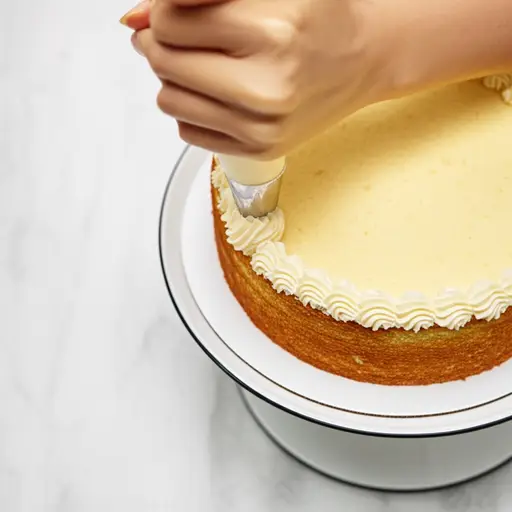 他在蛋糕的边缘挤了新鲜奶油。