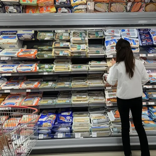 这家超市有种类丰富的冷冻鱼和即烤披萨。