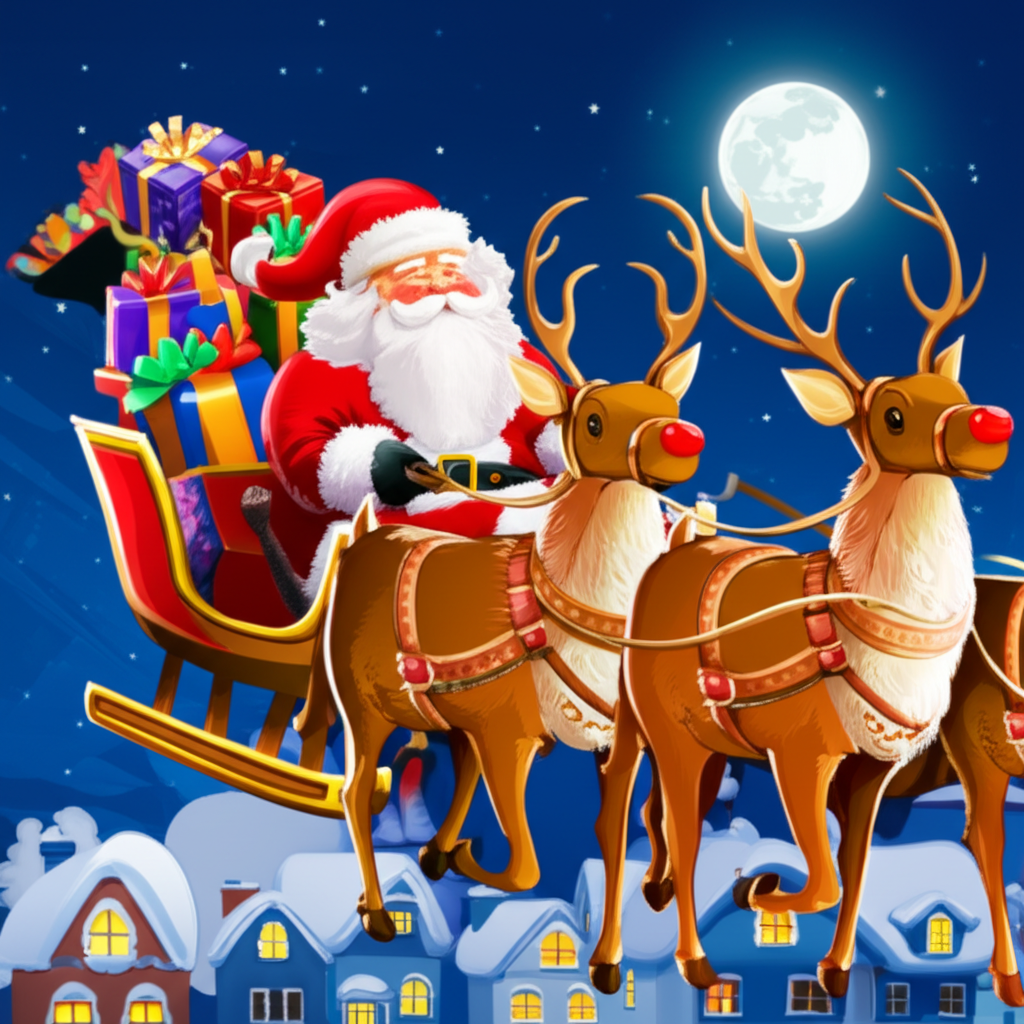 圣诞老人驾着驯鹿雪橇飞过屋顶。