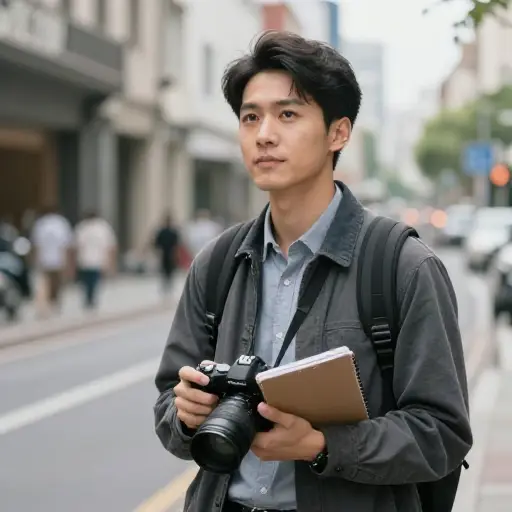 记者带着相机和笔记本到达。