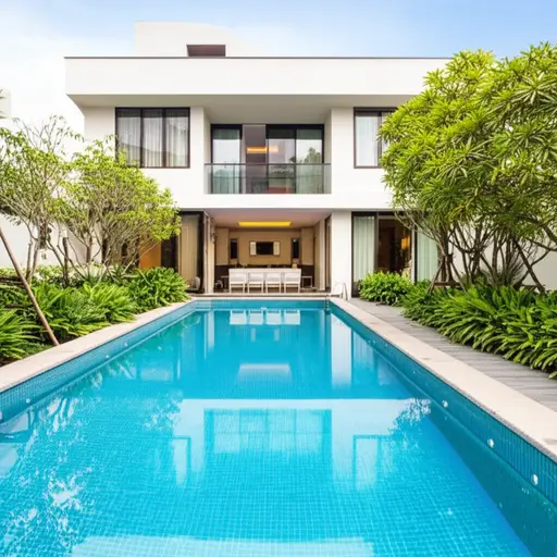 她住在一栋带游泳池的房子里。