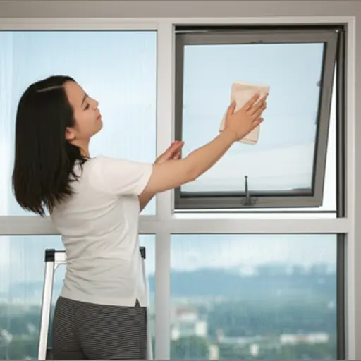 她当时在梯子上，正在擦窗户。