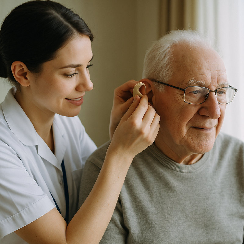 我祖父因为听力损失而戴助听器。