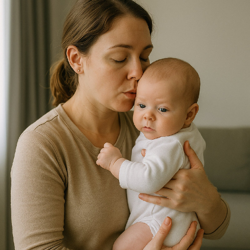 她喂奶后轻轻给宝宝拍嗝。